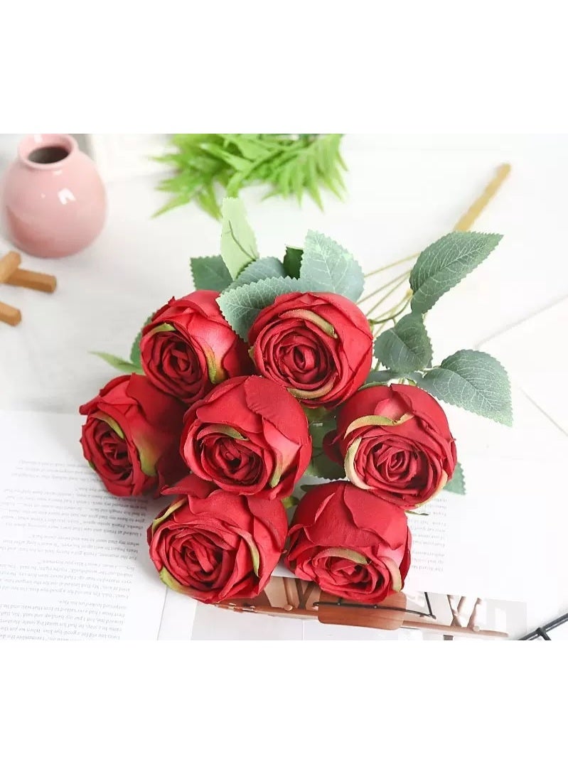 JAYATO Artificial Silk Rose Flower Arrangement – 1 Red Rose with 7 Fake Roses, Decorative Floral Bouquet for Home, Office, Wedding, Party & Dining Table Centerpiece (No Vase) - Image 1
